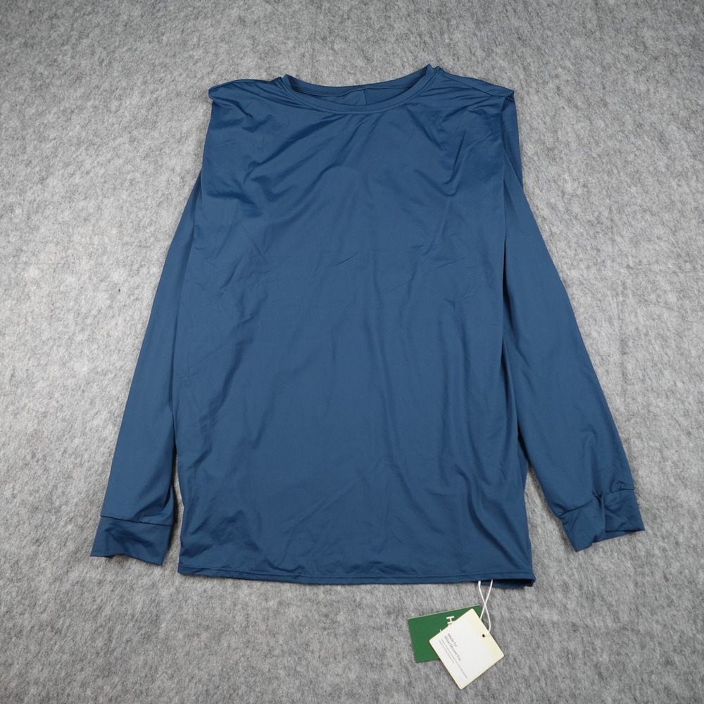 Halara Top Women Large Blue NWT Round Neck Long Sleeve Ruched‎ Yoga Sports UPF50